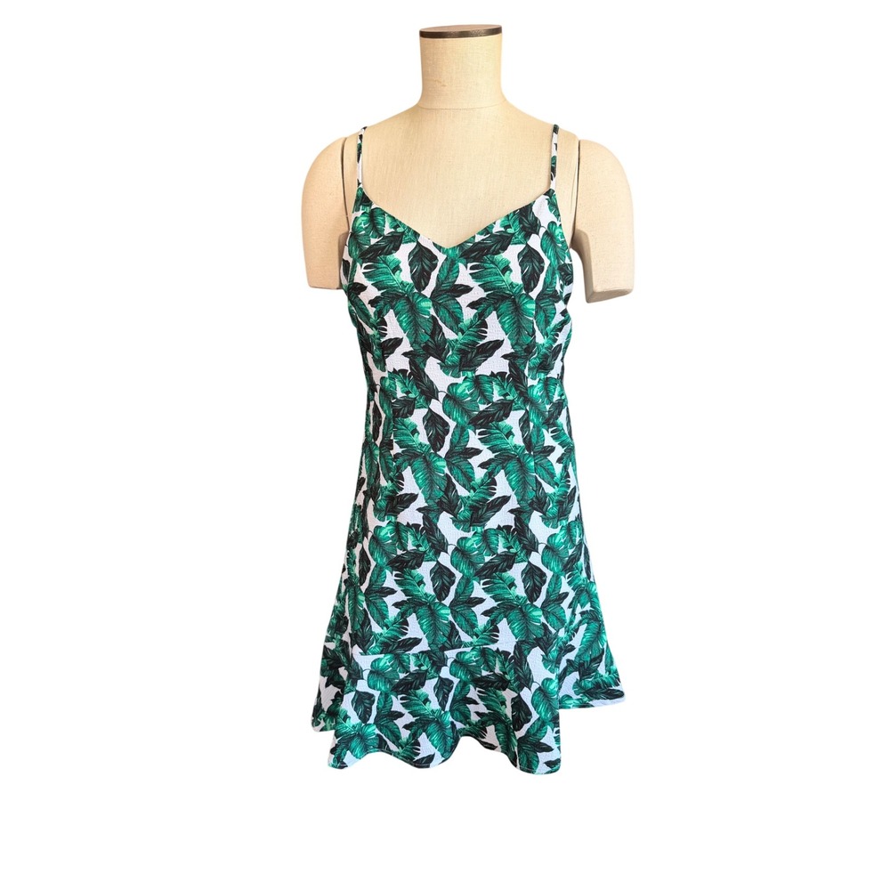 Versona Tropical Palm Leaf Mini Dress 8 Green White Ruffle Hem Spaghetti Strap